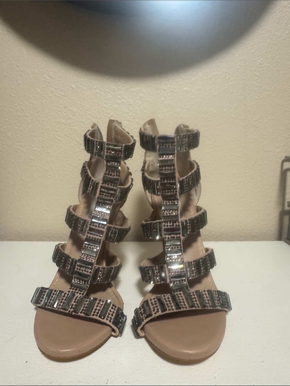 Steve Madden Taupe Gladiator Heels with Silver Embellishments